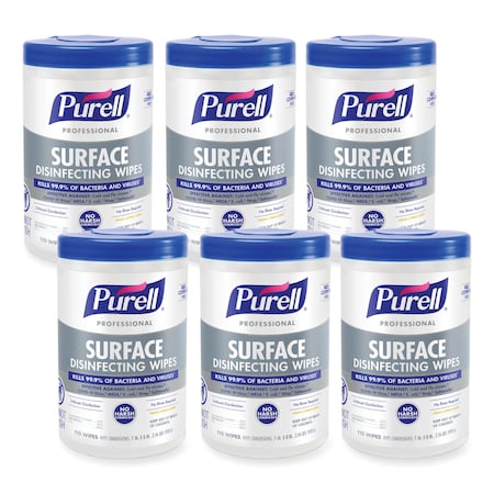 Purell Professional Surface Disinfecting Wipes, 7 x 8, Fresh Citrus, 110/Canister, PK6 PK 9342-06
