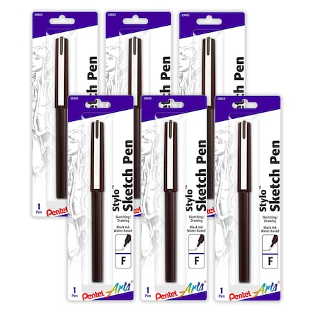 Pentel Stylo Sketch Pen, Fine Tip, Black Ink, 6PK JM20BPAE