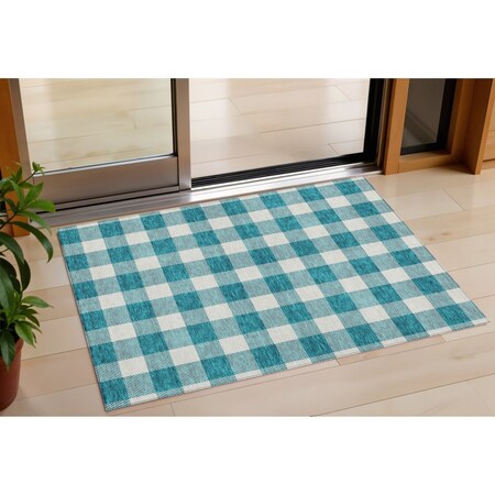 Homeroots 3' X 5' Teal Blue And Gray Plaid Washable Indoor Outdoor Area Rug 595439