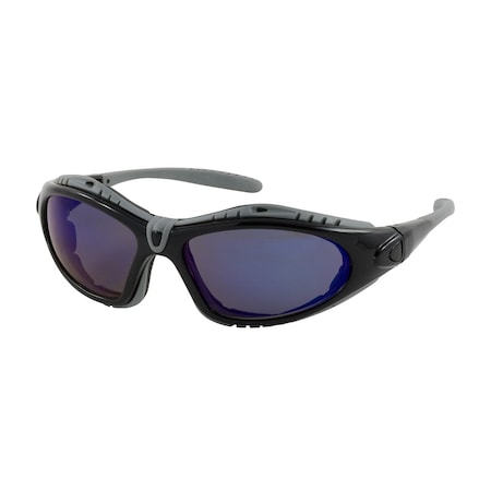 Bouton Optical Full Frame Safety Glasses w/Black Frame, Foam Padding, Blue Mirror Lens, Anti-Scratch/Anti-Fog Coating 250-50-0426
