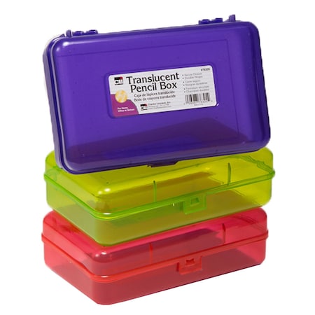 Charles Leonard Pencil Box, 2-1/2"H x 5-1/4"D x 8-1/4"W, Translucent Assorted Colors, 3PK CHL76305-3