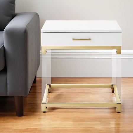 Homeroots 24" White and Gold Wood Acrylic and Stainless Steel Square End Table With Drawer 544062