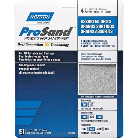 Norton Co ProSand 0766070 Sanding Sheet, 11 in L, 9 in W, Aluminum Oxide Abrasive, Fiber Backing 5386
