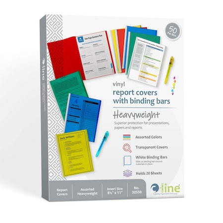 C-Line Products 8-1/2" x 11" Assorted Color Vinyl Report Covers with White Binding Bars, 50/BX 32550