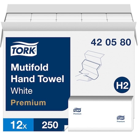 Tork Tork Multifold Hand Towel White H2, Premium, Soft and Absorbent, 12 x 250 Sheets, 420580, PK12 420580
