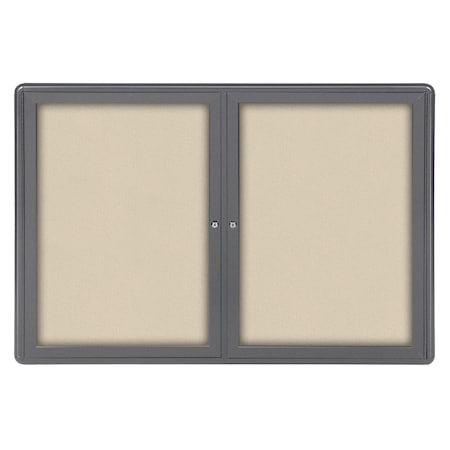 Ghent Ovation 2 Door Enclosed Fabric Bulletin Board, Gray Frame, 3'H x 4'W, Beige OVG2-F90