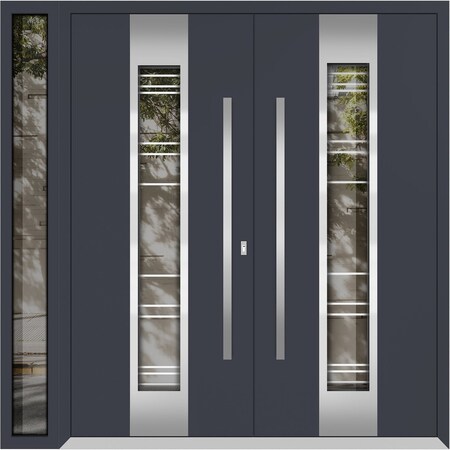 Vdomdoors Metal Double Doors Deux 5755 Gray Graphite Clear Glass 1 Sidelight Entry Modern Painted 86x80 (W72+ DEUX5755DEXD-GRE-W72+14xH80-LH-O