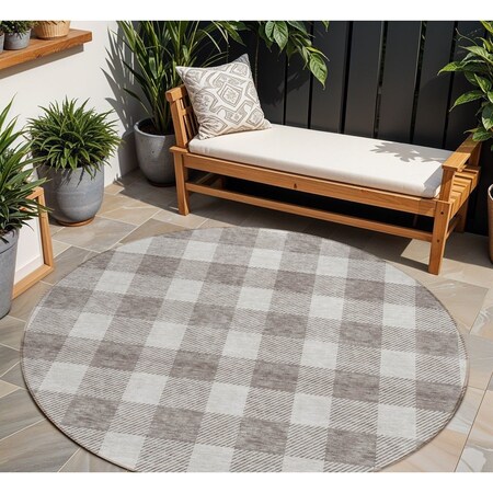 Homeroots 8' Taupe And Gray Round Plaid Washable Indoor Outdoor Area Rug 595447