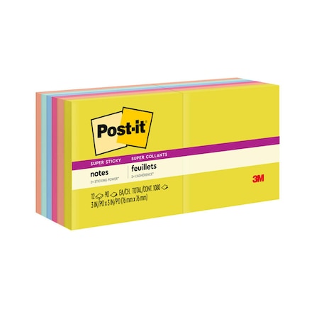 Post-It Super Sticky Notes, Summer Joy Collection, 3in. x 3in., Plain, 12PK 654-12SSJOY