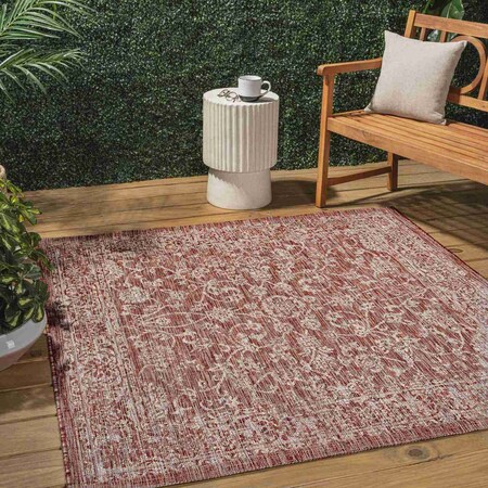 Jonathan Y Tela Bohemian Textured Weave Floral Red/Taupe 4 ft Square Indoor/Outdoor Area Rug SMB100A-4SQ