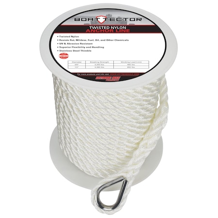 Extreme Max 3006.2300 BoatTector Twisted Nylon Anchor Line with Thimble - 1/2" x 100', White 3006.2300