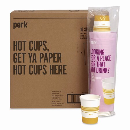Perk Paper Hot Cups, 8 oz, White/Yellow, 500PK PK45592CT