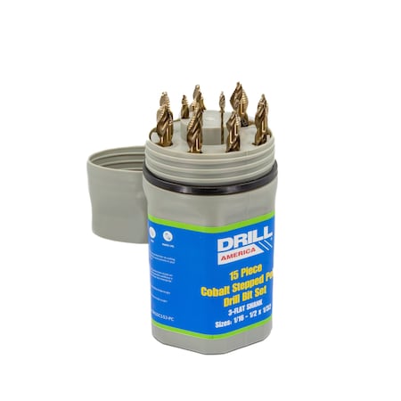 Drill America 15 Piece Stepped Point Cobalt Drill Bit Set in Plastic Case, 1/16 in.-1/2 in.x1/32 in. ZORGSC15J-PC