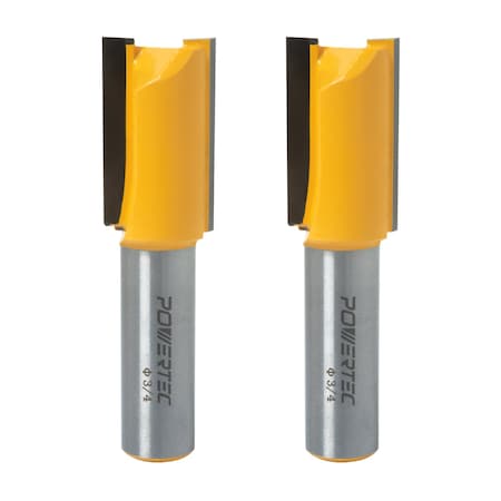 Powertec Straight Router Bit, 3/4in Cutting Diameter, 1/2in Shank, 1-1/4in Depth & 2-3/4in Overall Length, 2PK 73046-P2N