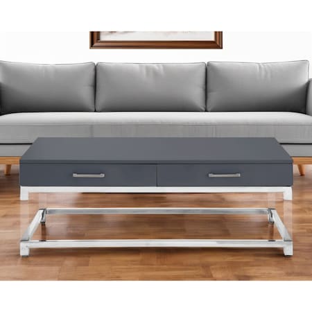 Homeroots 47" Dark Gray Silver And Clear Wood Acrylic And Steel Coffee Table 543854