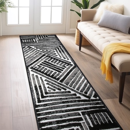 World Rug Gallery Contemporary Stripe Design Runner Rug 2 ft x 7 ft Black 3018BLACK2X7