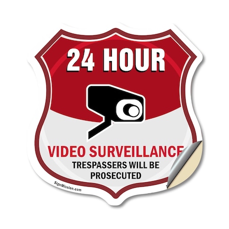 Signmission 24 Hour Surveillance Shield Sign Video S, 12 Inch X 12 Inch, Vinyl Decal SHI-D-12-348