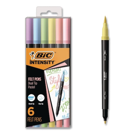 Bic Intensity Fineliner Dual Tip Felt Pen, Stick, Fine 0.7mm Bullet, Variable Brush, Assorted Color, 6PK FPPDT6-AST