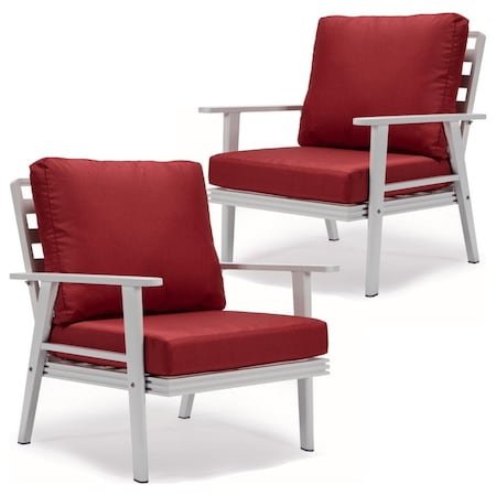 Leisuremod Walbrooke Outdoor Patio White Aluminum Armchairs With Cushions, Red, 2PK WW-31-27R2
