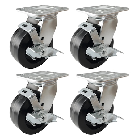 Hyw Products Heavy Duty Caster Set 5in Phenolic Wheels, 4 Swivel with Brake, 4PK 40-50S-A1-PH-TB-4