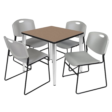 Regency Square Kahlo Breakroom Table W/ 4 Zeng Stack Chairs, 30 in W, 30 in L, Noble Oak TPL3030NOCM44GY