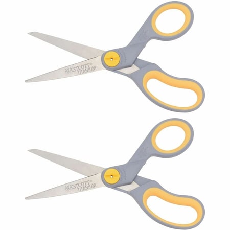 Westcott Titanium Bonded Scissors, 8" Long, 3.5" Cut Length, Straight Gray/Yellow Handle, PK2 13901
