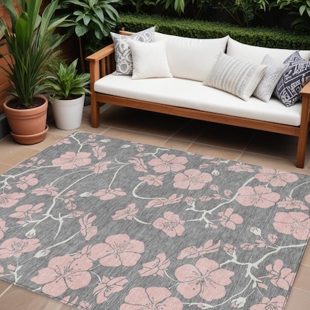 Homeroots 10' X 14' Gray Pink And Ivory Floral Washable Indoor Outdoor Area Rug 600005