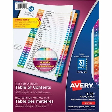 Avery Dennison Avery Ready Index T.O.C. Reference Divider, 1 to 31, 8.5"x11", 31 Tabs, White/Multi 11129