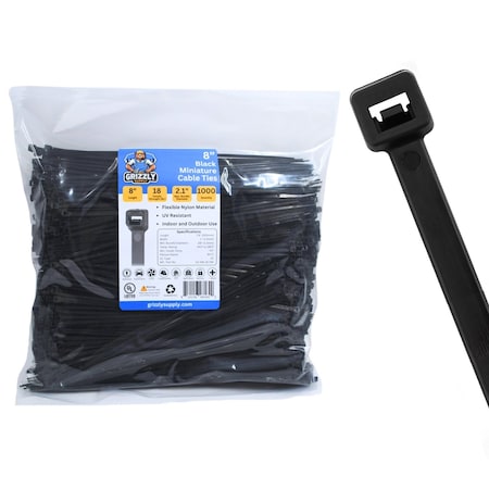 Grizzly Supply Cable Tie, 8 in L, 18 lb Strength, 2.2 in Max Bundle Dia, Nylon 6/6, UV Resistant, Black, 1000PK GS-M8-18-0M