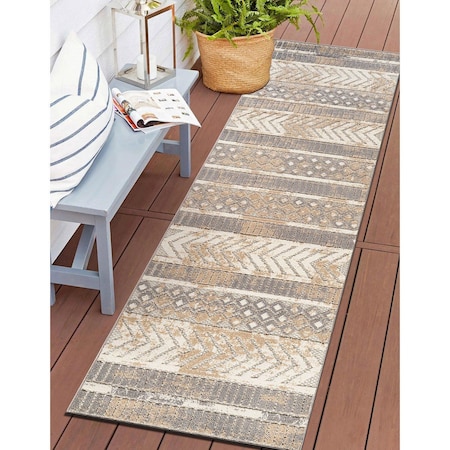 World Rug Gallery Distressed Geometric Indoor/Outdoor Runner Rug 2 ft 7 in x 6 ft Beige 8019BEIGE27X6
