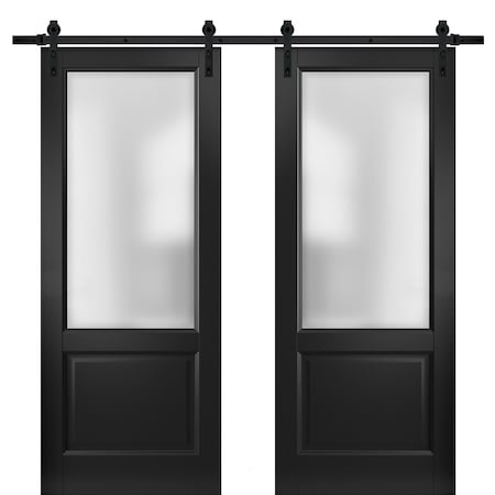Sartodoors Sturdy Double Barn Door with, Lucia 22 Matte Black with Frosted Glass, 13FT Rail Hangers Heavy Set LUCIA22DB-BLK-3696