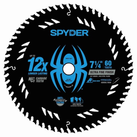Spyder 7-1/4-Inch 60-Tooth Thick Kerf Ultra Fine Finish Saw Blade for Wood 13111