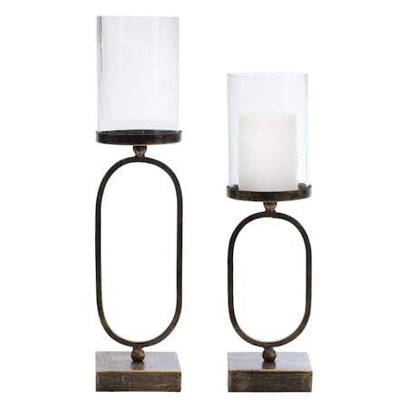 Homeroots Set of Two Antiqued Bronze Geometric Glass And Metal Tabletop Hurricane Candle Holders, 2PK 634838