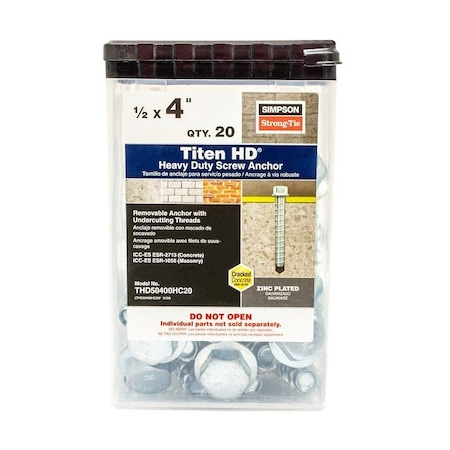 Simpson Strong-Tie Titen HD Heavy-Duty Screw Anchor, 1/2 in Dia, 4 in L, Carbon Steel, Zinc Plated THD50400HC20