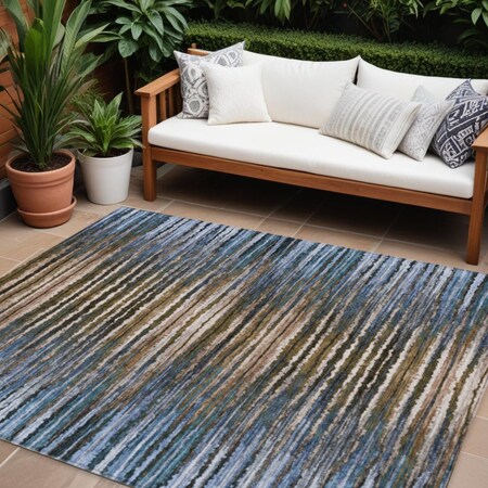 Homeroots 9' X 12' Blue Brown And Sky Blue Striped Washable Indoor Outdoor Area Rug 577984