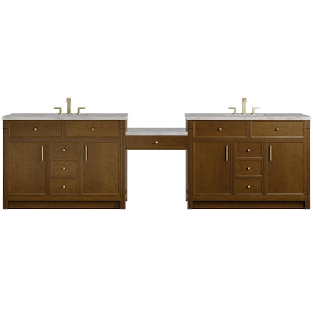 James Martin Vanities Bellshire 120" Dual Vanity Set w/24" Make-Up Counter, Honey Oak w/3 cm Victorian Silver Silestone To 660-VMC120-HNO-FVSL