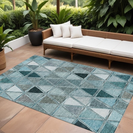 Homeroots 10' X 14' Teal Blue Aqua And Gray Geometric Washable Indoor Outdoor Area Rug 583057