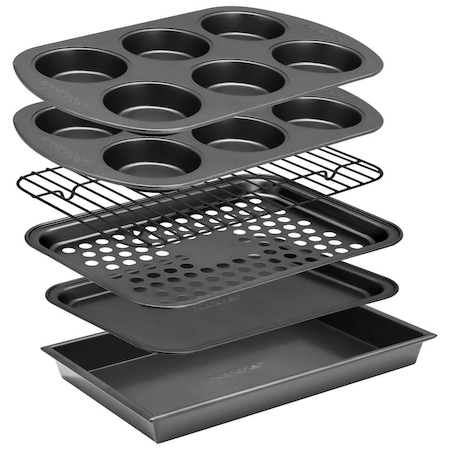 Nutrichef 6-Piece Toaster Oven Bakeware Set, Compact Non-Stick Stackable Baking Pan Set with Muffin Pans NCTOBS6