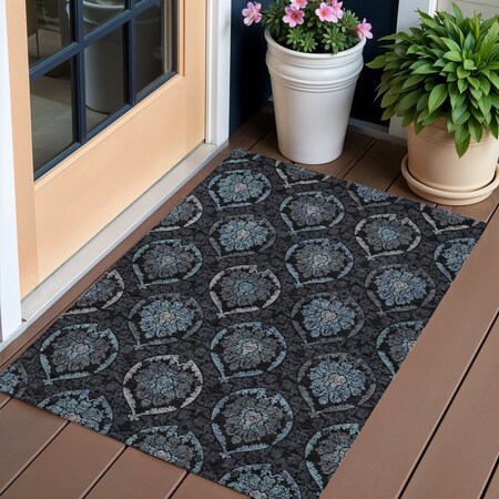 Homeroots 3' X 5' Blue Charcoal And Gray Medallion Washable Indoor Outdoor Area Rug 587698