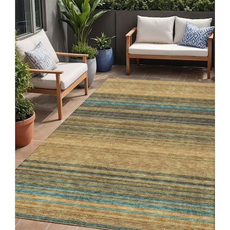Homeroots 5' X 8' Wheat Brown And Teal Blue Striped Washable Indoor Outdoor Area Rug 614852