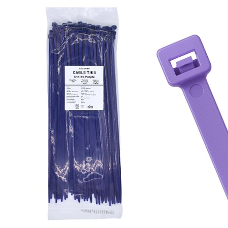 Cable Ties Unlimited Cable Tie, 11 in L, 50 lb Strength, 3.2 in Max Bundle Dia, Nylon 6/6, Purple 100PK C11-50-Purple
