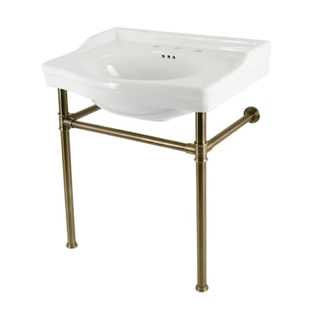 Kingston Brass 30" Ceramic Console Sink with Stainless Steel Legs, 8-Inch, 3-Hole, White/Antique Brass VPB33083ST