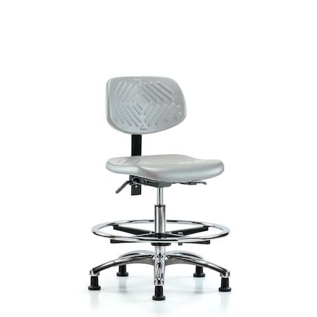 Blue Ridge Ergonomics Poly Chair Chrome - Medium Bench Height with Chrome Foot Ring & Stationary Glides in Gray Poly PMBCH-CR-T0-A0-CF-RG-GRY