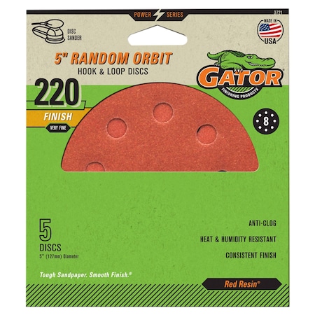 Gator Finishing Red Resin 5 in. Random Orbit Hook and Loop Sanding Discs, 220 Grit, Very Fine, 5PK 3721