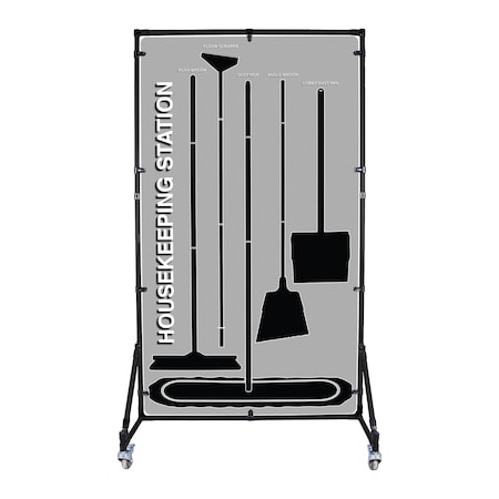 5S Supplies 5S Housekeeping Shadow Board Broom Station Version 9 - Gray Board / Black Shadows With Broom HSB-V9-GRAY/BLACK-KIT