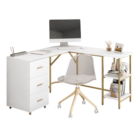 Homeroots 59" Gold Wood and Stainless Steel L Shape Computer Desk With Three Drawers 723752