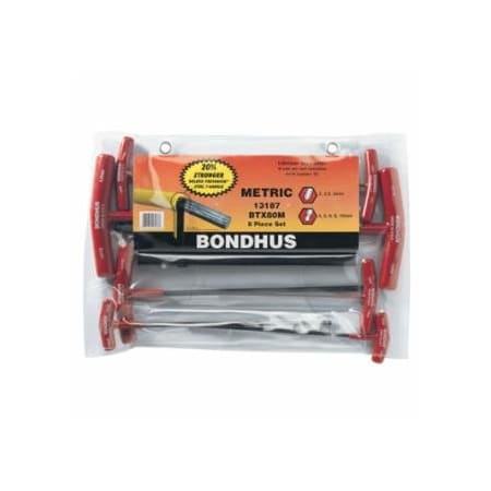Bondhus Balldriver T-Handle Hex Key Sets, 8 per pack, Hex Ball Tip, Metric 116-13187