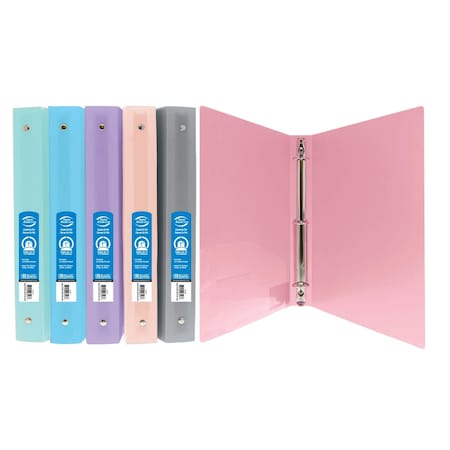 Bazic Products 1" Poly 3-Ring Binder with Pocket, Assorted Pastel Colors, 6PK 3127