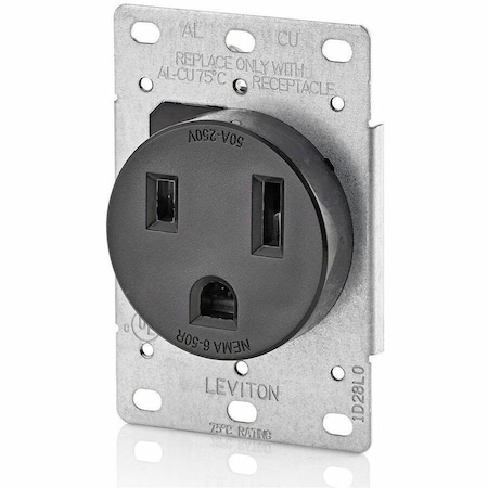 Leviton Straight Blade Receptacle, 6-50R, 50 A, 250V AC, 2 Pole, 3 Wire, Flush Mount, Grounded 5374-S00