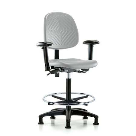 Blue Ridge Ergonomics Poly Chair-High Bench Ht with Med Back, Seat Tilt, Adj Arms, Chrome Foot Ring, &Stat Glides in Gray Poly PHBCH-MB-RG-T1-A1-CF-RG-GRY